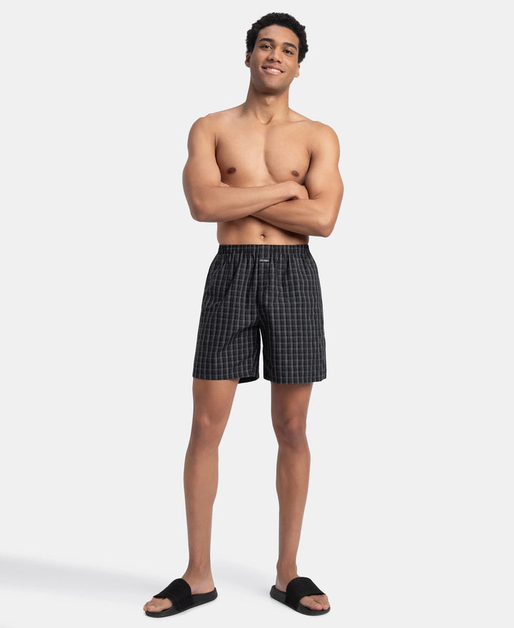 Super Combed Mercerized Cotton Woven Checkered Boxer Shorts with Side Pocket - Black & Slate (Pack of 2)