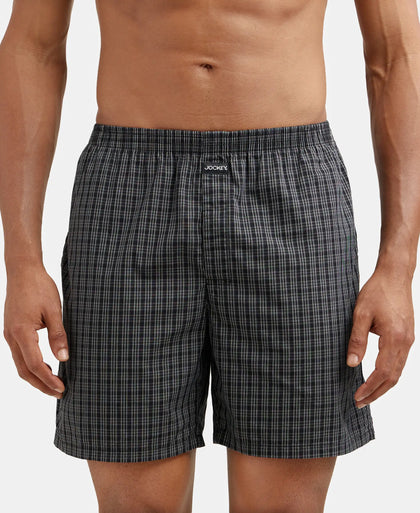 Super Combed Mercerized Cotton Woven Checkered Boxer Shorts with Side Pocket - Black & Grey(Pack of 2)