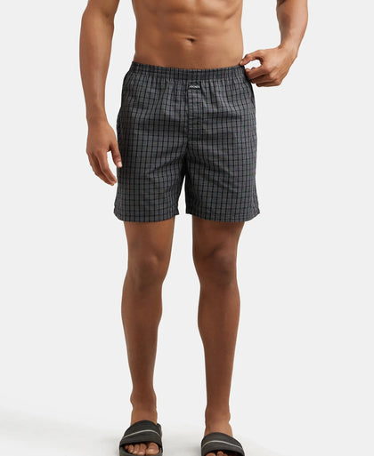 Super Combed Mercerized Cotton Woven Checkered Boxer Shorts with Side Pocket - Black & Grey(Pack of 2)