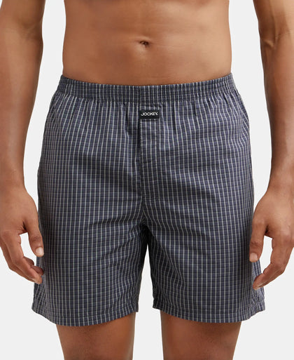 Super Combed Mercerized Cotton Woven Checkered Boxer Shorts with Side Pocket - Black & Grey(Pack of 2)