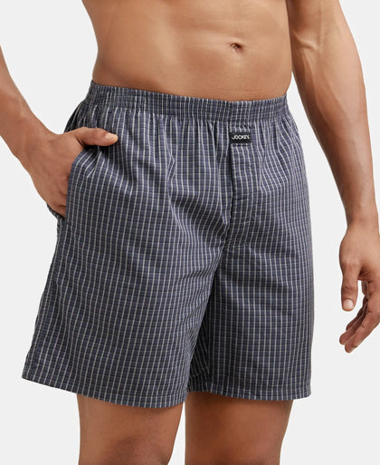 Super Combed Mercerized Cotton Woven Checkered Boxer Shorts with Side Pocket - Black & Grey(Pack of 2)