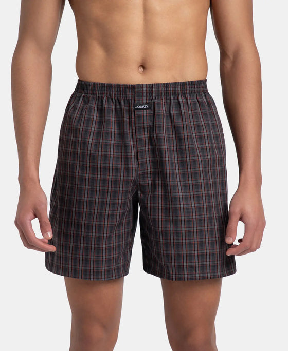 Super Combed Mercerized Cotton Woven Checkered Boxer Shorts with Side Pocket - Grey & Black (Pack of 2)