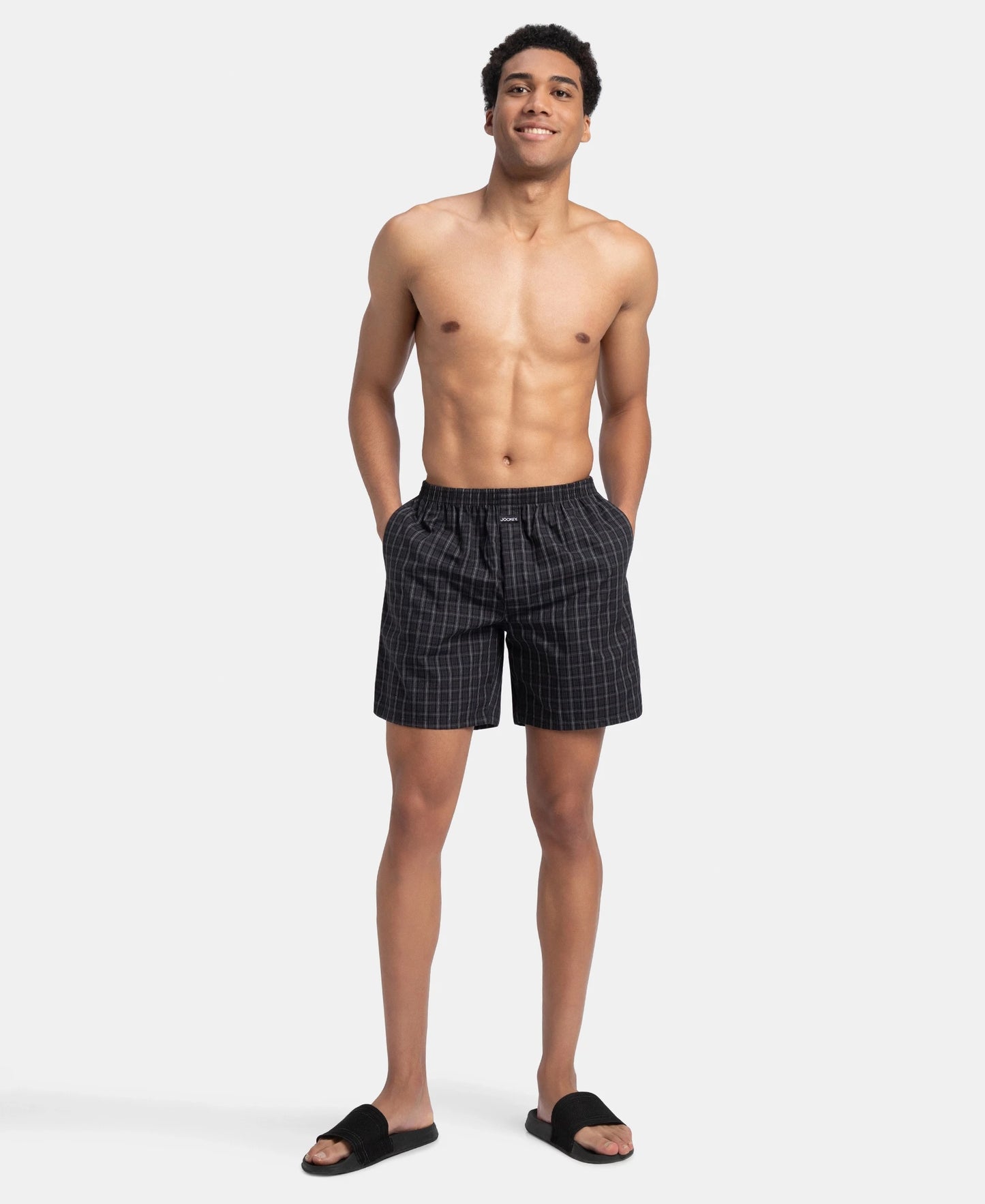 Super Combed Mercerized Cotton Woven Checkered Boxer Shorts with Side Pocket - Grey & Black (Pack of 2)