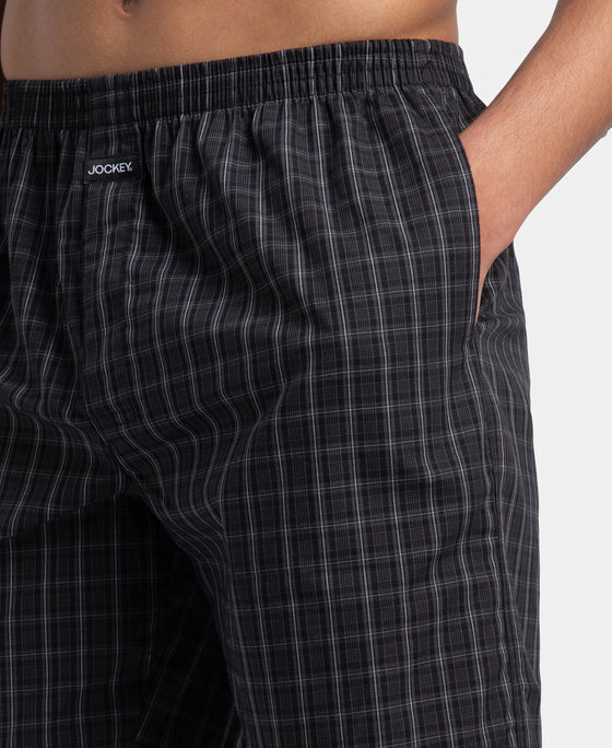 Super Combed Mercerized Cotton Woven Checkered Boxer Shorts with Side Pocket - Grey & Black (Pack of 2)