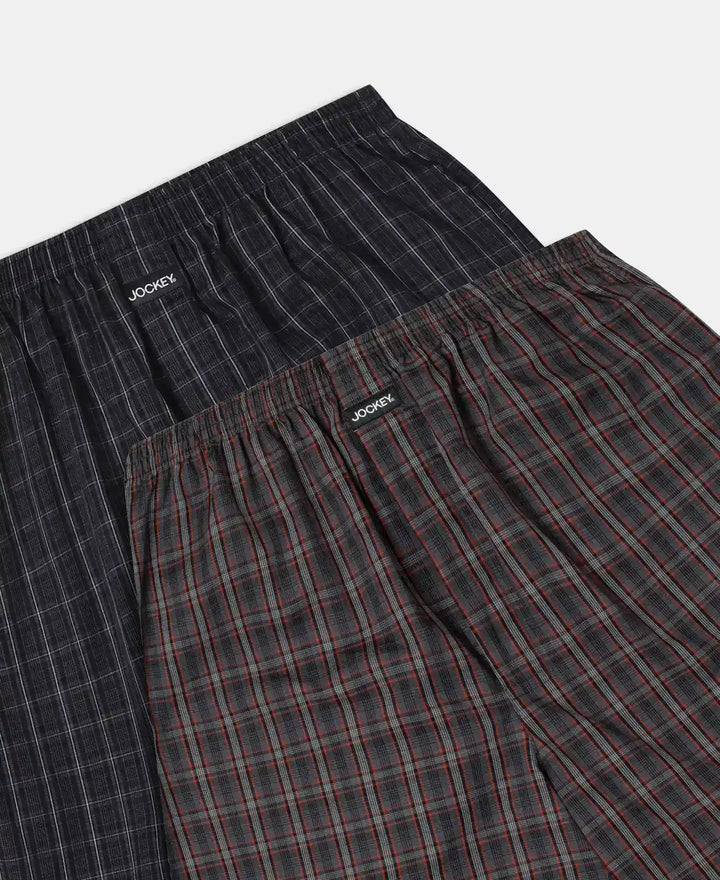 Super Combed Mercerized Cotton Woven Checkered Boxer Shorts with Side Pocket - Grey & Black (Pack of 2)