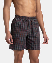 Super Combed Mercerized Cotton Woven Checkered Boxer Shorts with Side Pocket - Grey & Black (Pack of 2)