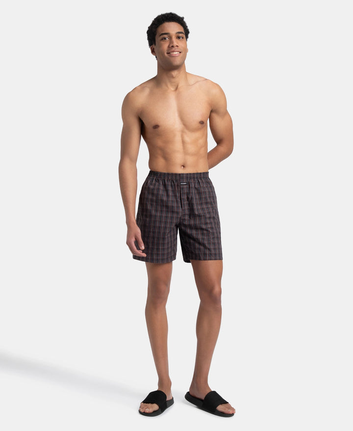 Super Combed Mercerized Cotton Woven Checkered Boxer Shorts with Side Pocket - Grey & Black (Pack of 2)