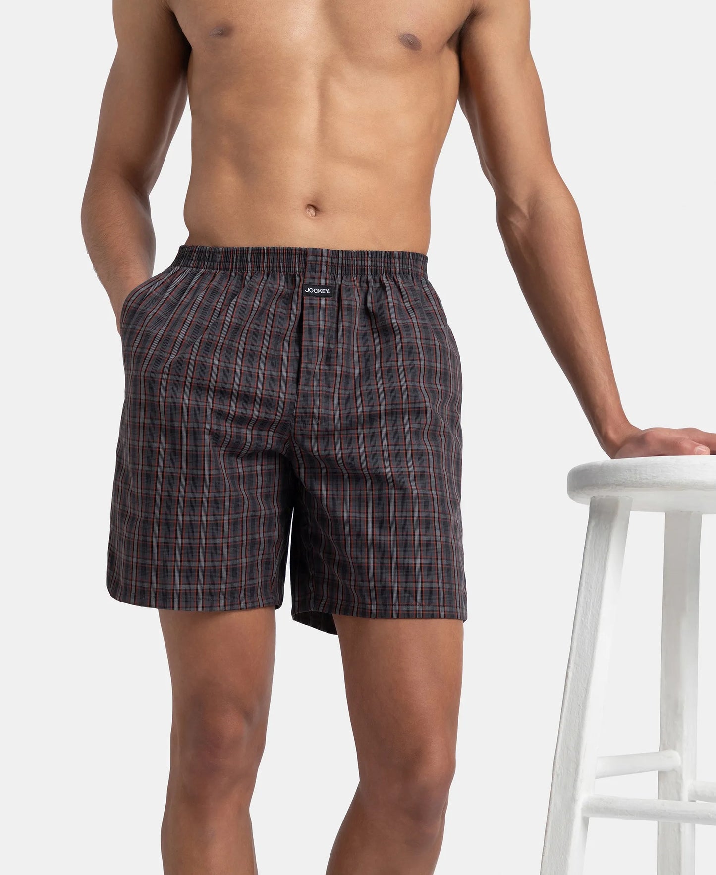 Super Combed Mercerized Cotton Woven Checkered Boxer Shorts with Side Pocket - Grey & Black (Pack of 2)