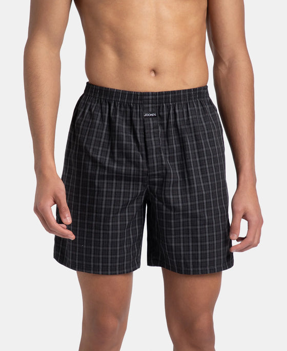 Super Combed Mercerized Cotton Woven Checkered Boxer Shorts with Side Pocket - Grey & Black (Pack of 2)