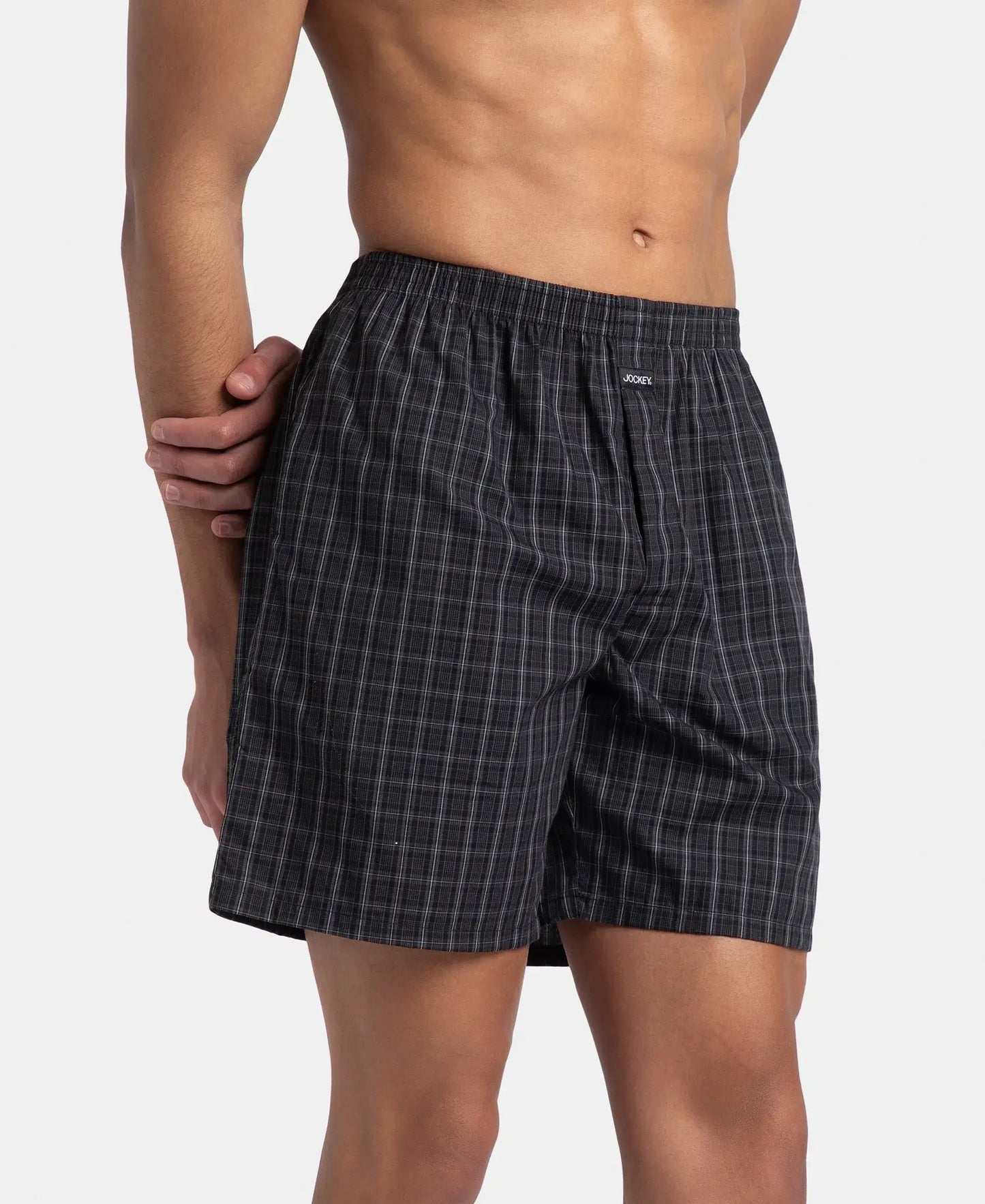 Super Combed Mercerized Cotton Woven Checkered Boxer Shorts with Side Pocket - Grey & Black (Pack of 2)