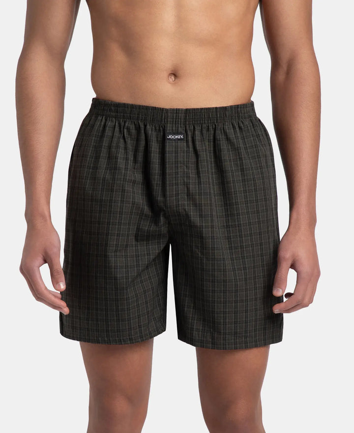 Super Combed Mercerized Cotton Woven Checkered Boxer Shorts with Side Pocket - Grey & Deep Olive (Pack of 2)