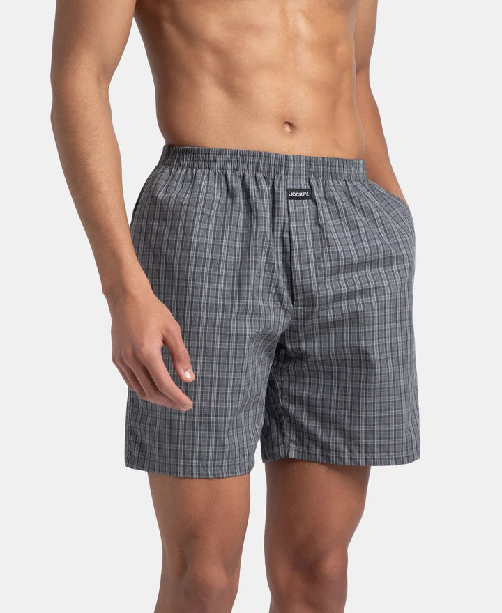 Super Combed Mercerized Cotton Woven Checkered Boxer Shorts with Side Pocket - Grey & Deep Olive (Pack of 2)