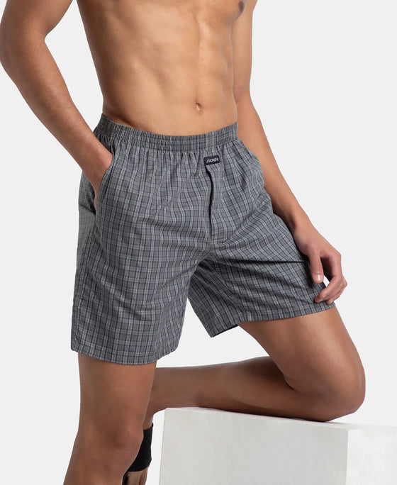 Super Combed Mercerized Cotton Woven Checkered Boxer Shorts with Side Pocket - Grey & Deep Olive (Pack of 2)