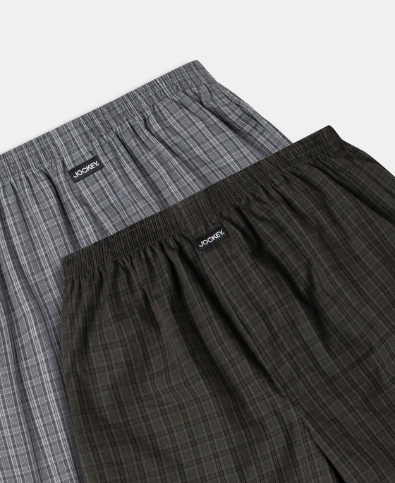 Super Combed Mercerized Cotton Woven Checkered Boxer Shorts with Side Pocket - Grey & Deep Olive (Pack of 2)