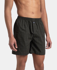 Super Combed Mercerized Cotton Woven Checkered Boxer Shorts with Side Pocket - Grey & Deep Olive (Pack of 2)