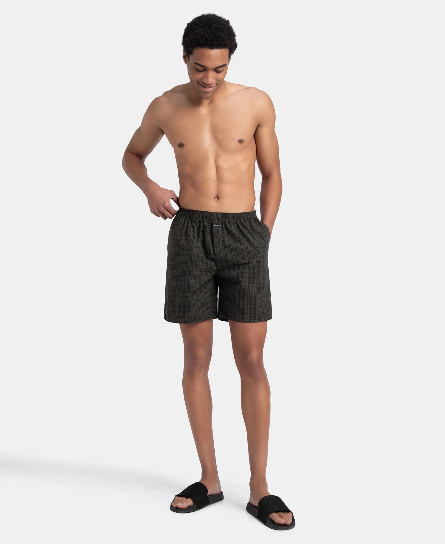 Super Combed Mercerized Cotton Woven Checkered Boxer Shorts with Side Pocket - Grey & Deep Olive (Pack of 2)