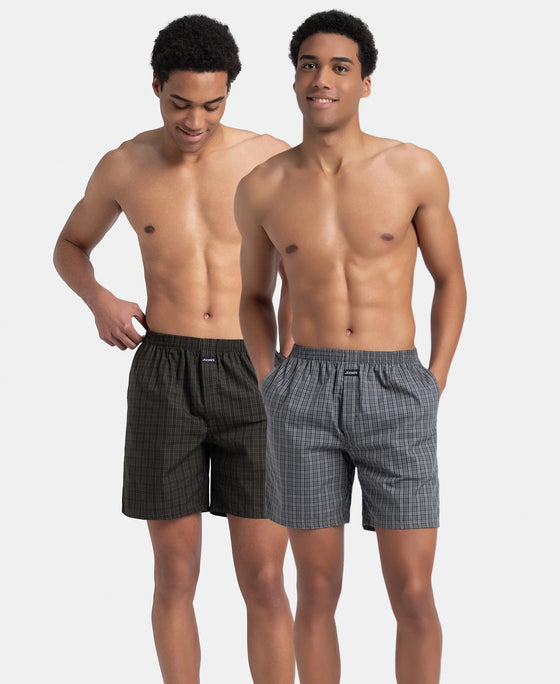 Super Combed Mercerized Cotton Woven Checkered Boxer Shorts with Side Pocket - Grey & Deep Olive (Pack of 2)