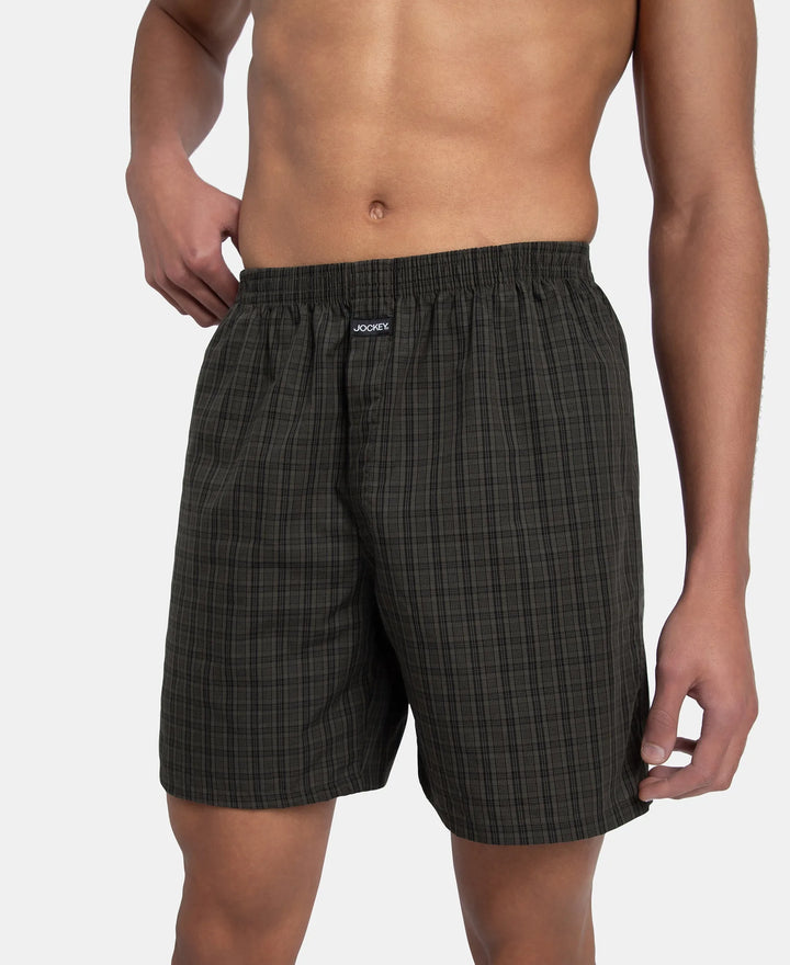 Super Combed Mercerized Cotton Woven Checkered Boxer Shorts with Side Pocket - Grey & Deep Olive (Pack of 2)