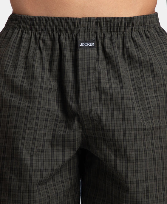 Super Combed Mercerized Cotton Woven Checkered Boxer Shorts with Side Pocket - Grey & Deep Olive (Pack of 2)