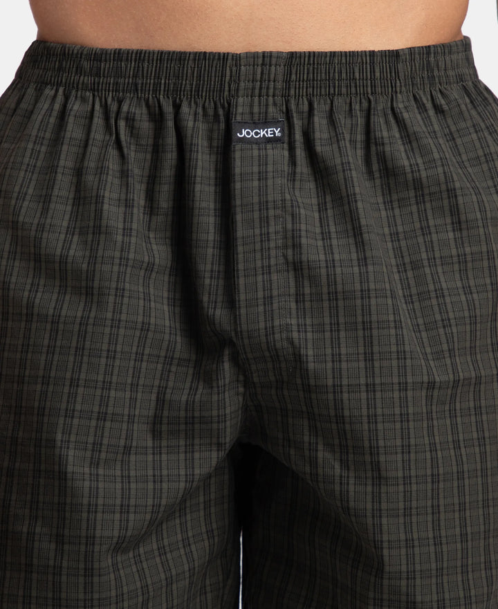 Super Combed Mercerized Cotton Woven Checkered Boxer Shorts with Side Pocket - Grey & Deep Olive (Pack of 2)