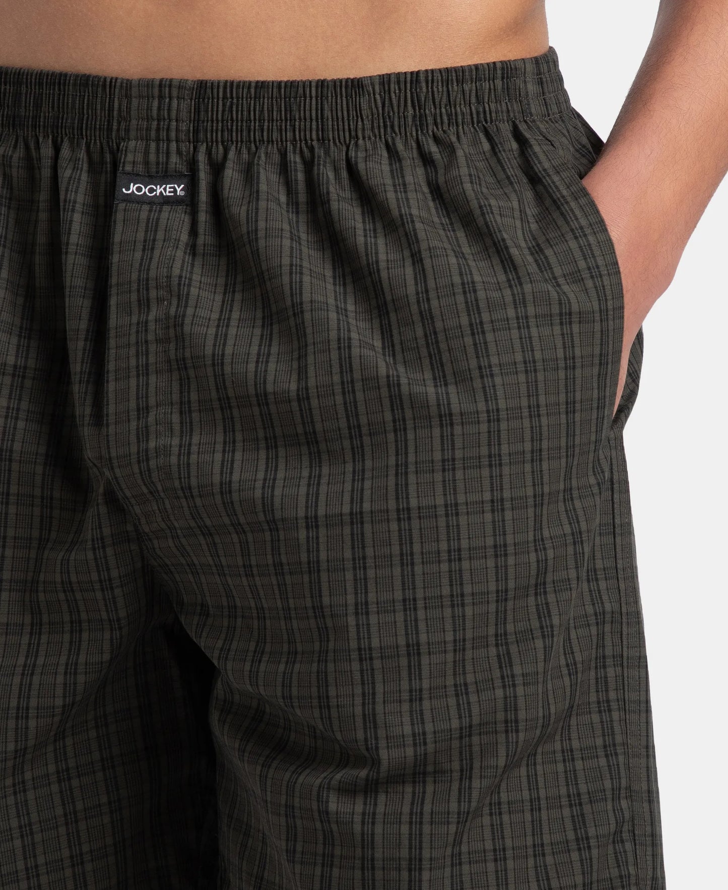 Super Combed Mercerized Cotton Woven Checkered Boxer Shorts with Side Pocket - Grey & Deep Olive (Pack of 2)