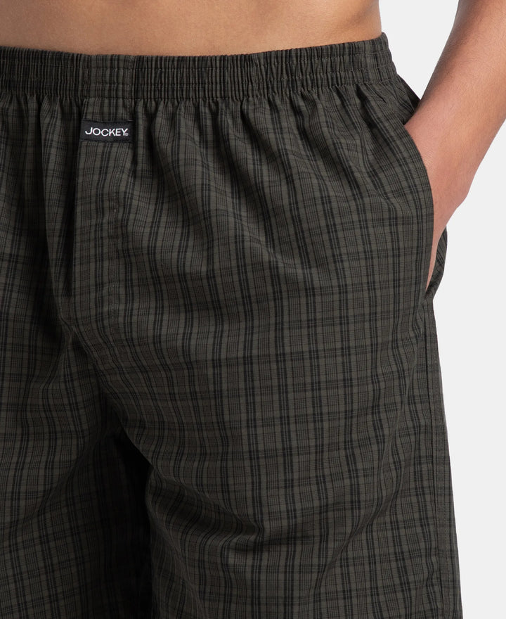 Super Combed Mercerized Cotton Woven Checkered Boxer Shorts with Side Pocket - Grey & Deep Olive (Pack of 2)