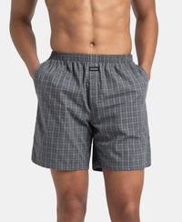 Super Combed Mercerized Cotton Woven Checkered Boxer Shorts with Side Pocket - Grey & Deep Olive (Pack of 2)