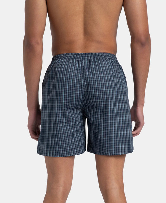 Super Combed Mercerized Cotton Woven Checkered Boxer Shorts with Side Pocket - Navy & Blue Shadow (Pack of 2)