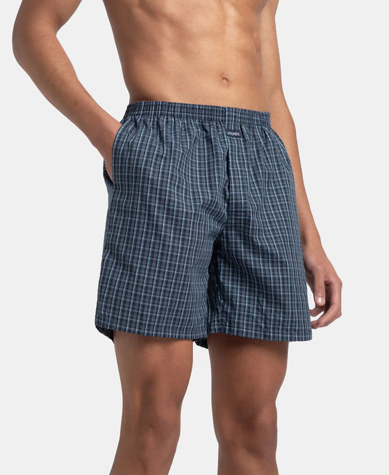 Super Combed Mercerized Cotton Woven Checkered Boxer Shorts with Side Pocket - Navy & Blue Shadow (Pack of 2)