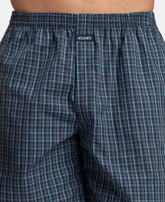 Super Combed Mercerized Cotton Woven Checkered Boxer Shorts with Side Pocket - Navy & Blue Shadow (Pack of 2)