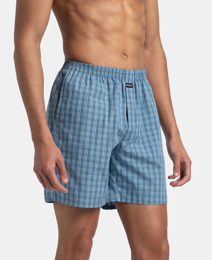 Super Combed Mercerized Cotton Woven Checkered Boxer Shorts with Side Pocket - Navy & Blue Shadow (Pack of 2)