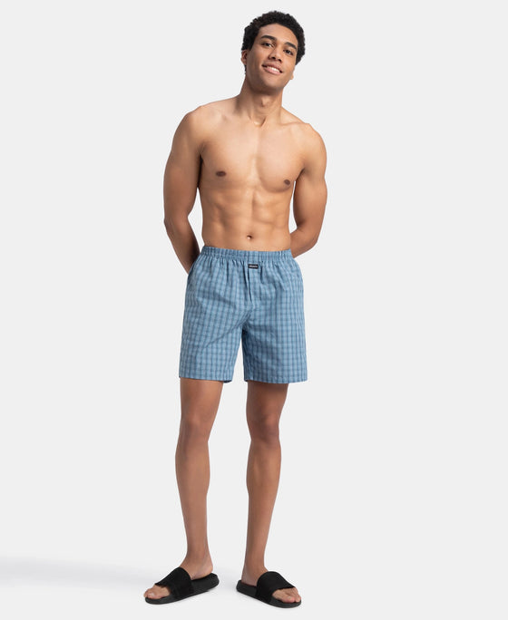 Super Combed Mercerized Cotton Woven Checkered Boxer Shorts with Side Pocket - Navy & Blue Shadow (Pack of 2)