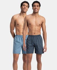 Super Combed Mercerized Cotton Woven Checkered Boxer Shorts with Side Pocket - Navy & Blue Shadow (Pack of 2)