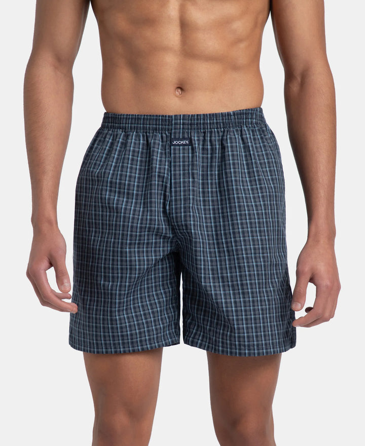 Super Combed Mercerized Cotton Woven Checkered Boxer Shorts with Side Pocket - Navy & Blue Shadow (Pack of 2)