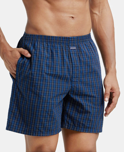 Super Combed Mercerized Cotton Woven Checkered Boxer Shorts with Side Pocket - Navy(Pack of 2)