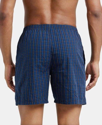 Super Combed Mercerized Cotton Woven Checkered Boxer Shorts with Side Pocket - Navy(Pack of 2)