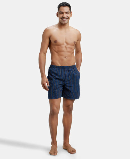 Super Combed Mercerized Cotton Woven Checkered Boxer Shorts with Side Pocket - Navy(Pack of 2)