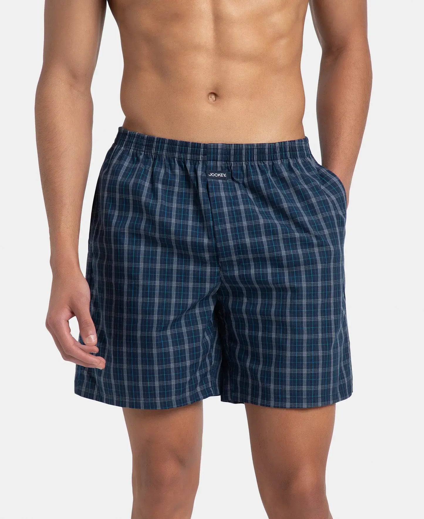 Super Combed Mercerized Cotton Woven Checkered Boxer Shorts with Side Pocket - Navy & Seaport Teal (Pack of 2)