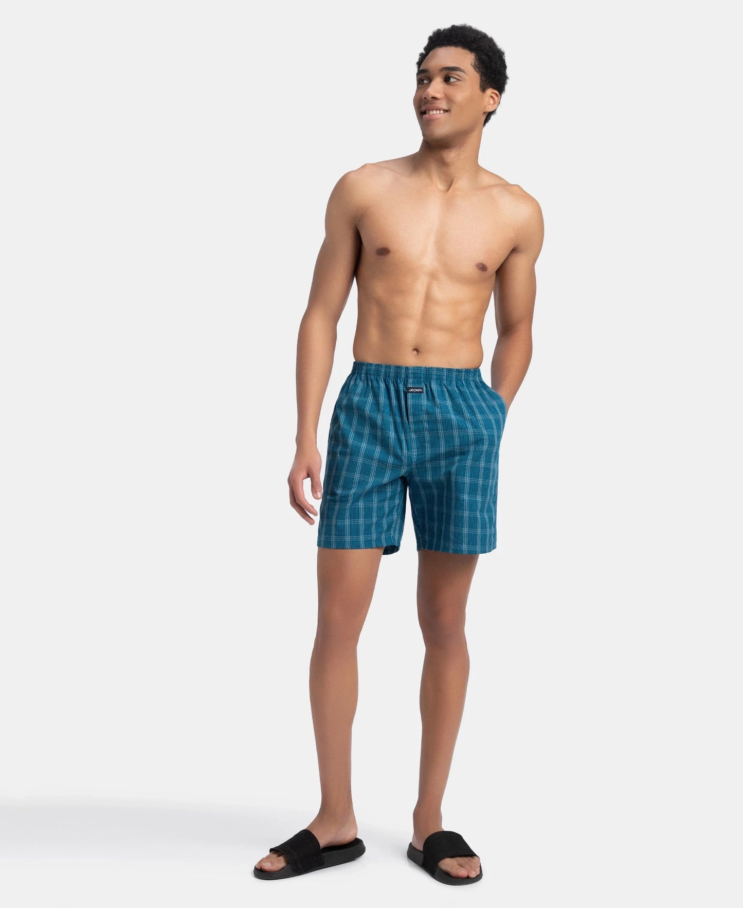 Super Combed Mercerized Cotton Woven Checkered Boxer Shorts with Side Pocket - Navy & Seaport Teal (Pack of 2)