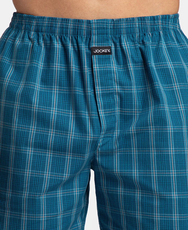 Super Combed Mercerized Cotton Woven Checkered Boxer Shorts with Side Pocket - Navy & Seaport Teal (Pack of 2)