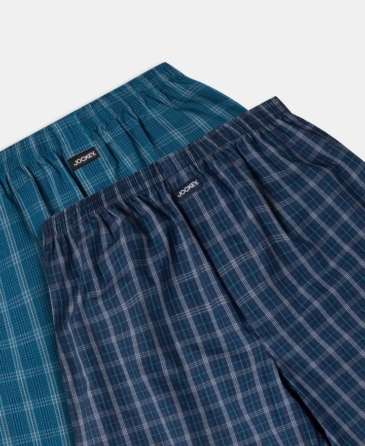 Super Combed Mercerized Cotton Woven Checkered Boxer Shorts with Side Pocket - Navy & Seaport Teal (Pack of 2)