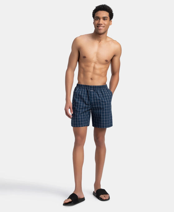 Super Combed Mercerized Cotton Woven Checkered Boxer Shorts with Side Pocket - Navy & Seaport Teal (Pack of 2)