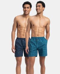 Super Combed Mercerized Cotton Woven Checkered Boxer Shorts with Side Pocket - Navy & Seaport Teal (Pack of 2)