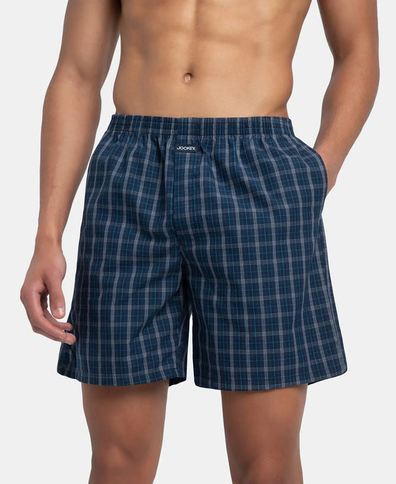 Super Combed Mercerized Cotton Woven Checkered Boxer Shorts with Side Pocket - Navy & Seaport Teal (Pack of 2)