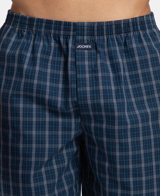 Super Combed Mercerized Cotton Woven Checkered Boxer Shorts with Side Pocket - Navy & Seaport Teal (Pack of 2)