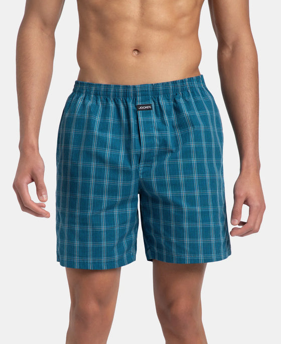 Super Combed Mercerized Cotton Woven Checkered Boxer Shorts with Side Pocket - Navy & Seaport Teal (Pack of 2)