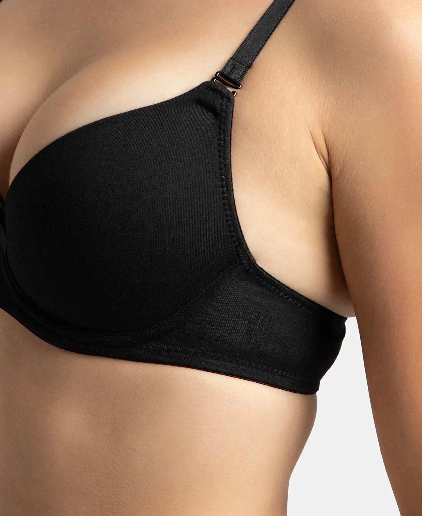 Under-Wired Padded Super Combed Cotton Elastane Stretch Medium Coverage T-Shirt Bra with Detachable Straps - Black-10