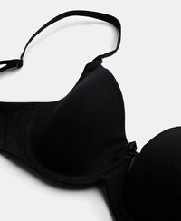 Under-Wired Padded Super Combed Cotton Elastane Stretch Medium Coverage T-Shirt Bra with Detachable Straps - Black-11