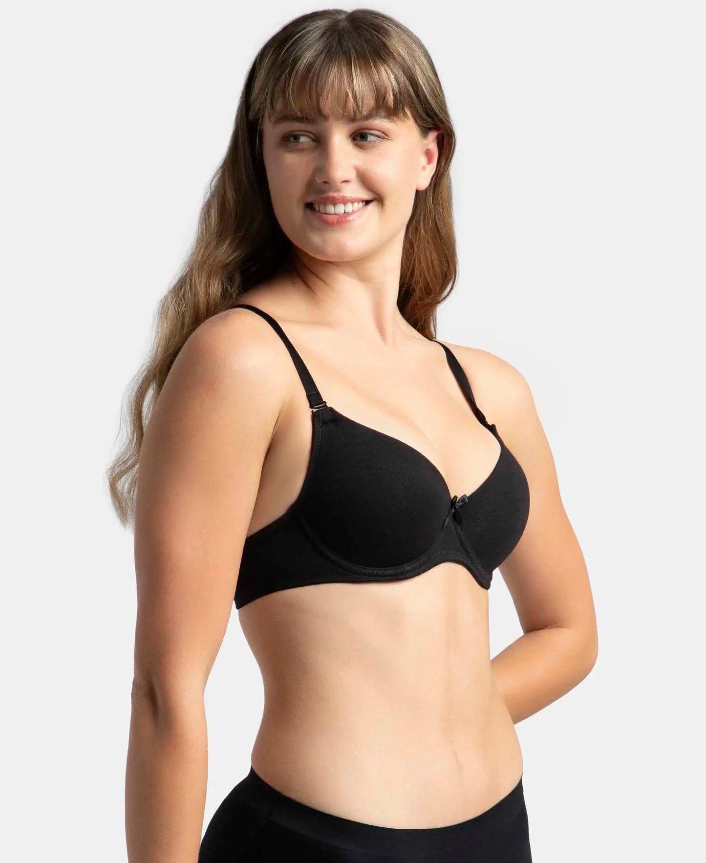 Under-Wired Padded Super Combed Cotton Elastane Stretch Medium Coverage T-Shirt Bra with Detachable Straps - Black-2