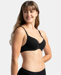 Under-Wired Padded Super Combed Cotton Elastane Stretch Medium Coverage T-Shirt Bra with Detachable Straps - Black-2